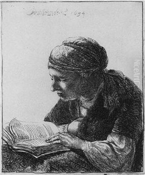 A Woman Reading (b., Holl. 345; H. 113; Bb. 34-d) Oil Painting by Harmenszoon van Rijn Rembrandt