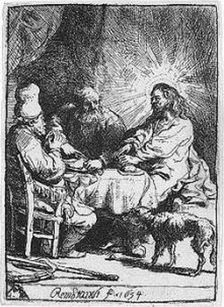 Christ At Emmaus: The Smaller Plate (b., Holl.88; H.121; Bb.34-k) Oil Painting by Harmenszoon van Rijn Rembrandt