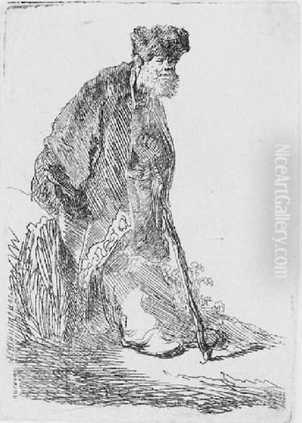 Man In A Coat And Fur Cap Leaning Against A Bank (b., Holl. 151; H. 14; Bb. 30-6) Oil Painting by Harmenszoon van Rijn Rembrandt