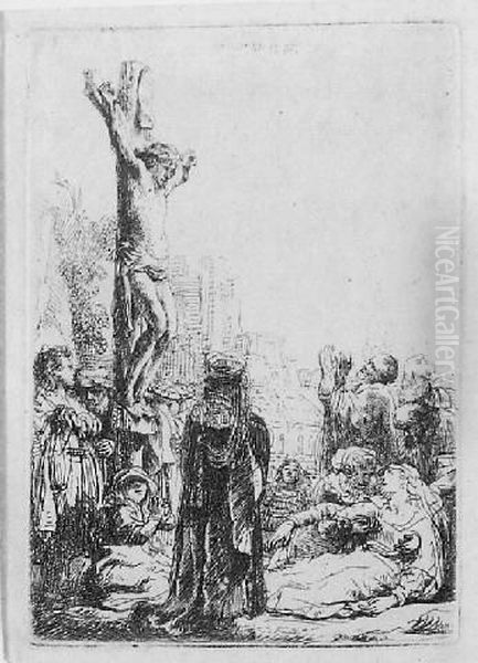 The Crucifixion: Small Plate (b., Holl. 80; H. 123; Bb.35-1) Oil Painting by Harmenszoon van Rijn Rembrandt