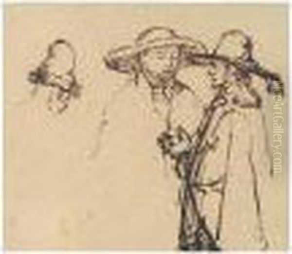 Two Men In Conversation, Wearing Large Hats, And A Study Of Another Man's Head. Oil Painting by Harmenszoon van Rijn Rembrandt