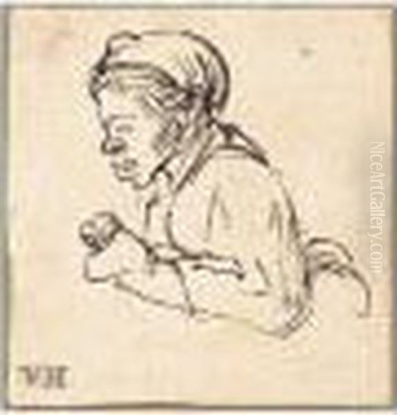 Study Of A Woman, Half-length, Facing Left, Holding A Hen. Oil Painting by Harmenszoon van Rijn Rembrandt