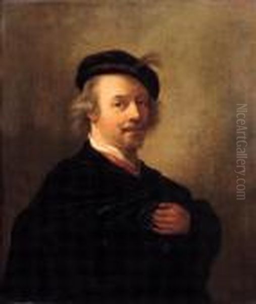 Portrait Of The Artist, Small Half Length, Wearing A Black Cape Andfeathered Cap Oil Painting by Harmenszoon van Rijn Rembrandt