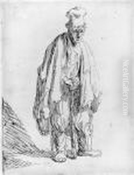 A Beggar In A High Cap, Standing And Leaning On A Stick Oil Painting by Harmenszoon van Rijn Rembrandt