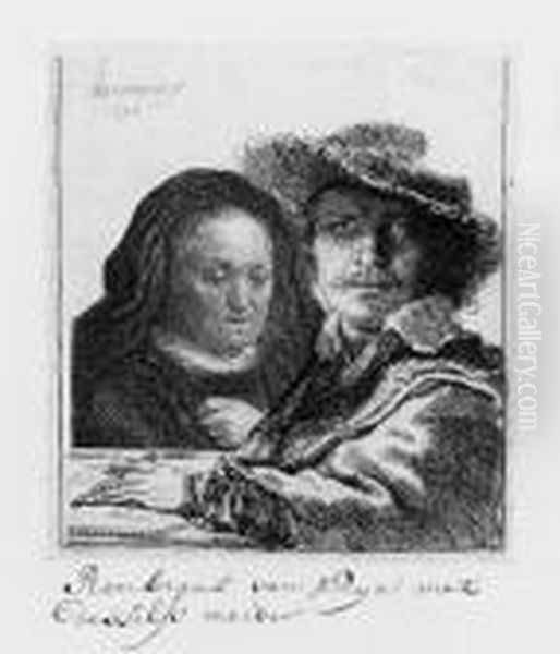 Self Portrait With The Artist's Mother With Her Hand On Her Chest:small Bust Oil Painting by Harmenszoon van Rijn Rembrandt