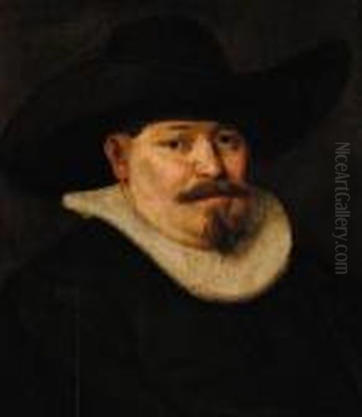 Portrait Of Cornelis Claesz. Anslo, Bust-length, In Black Costume,a Black Hat And A Ruff Oil Painting by Harmenszoon van Rijn Rembrandt
