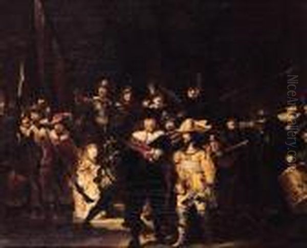 The Company Of Captain Frans 
Banning Cocq And Lieutenant Willem Vanruytenburch - The Night Watch Oil Painting by Harmenszoon van Rijn Rembrandt