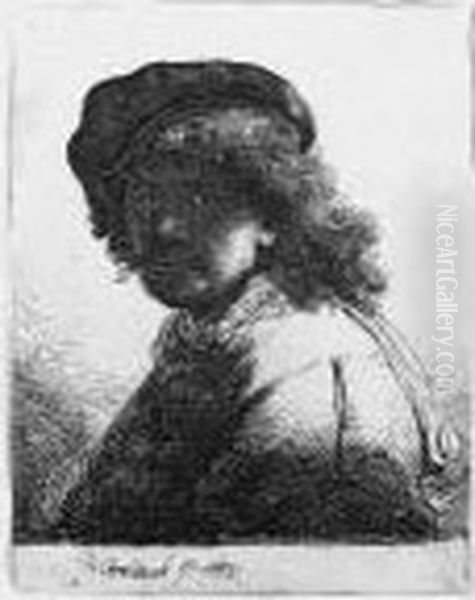Self Portrait In A Cap And Scarf With The Face Dark Oil Painting by Harmenszoon van Rijn Rembrandt