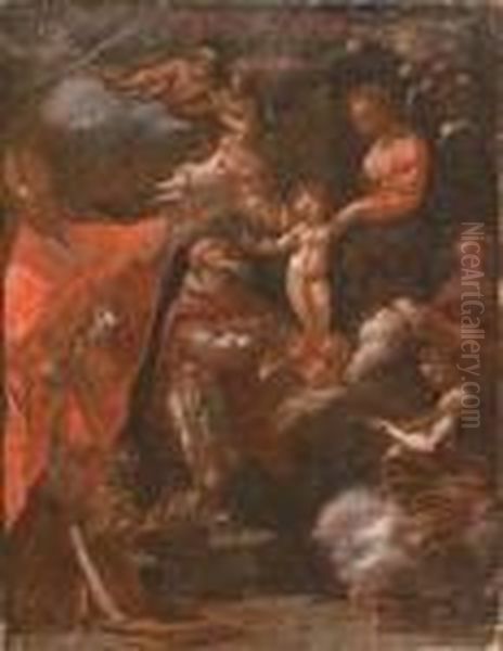 Vierge A L'enfant Avec Un Saint 
Eveque, Un Saint Agenouille (saintcharles Borromee Et Saint Philipe Neri
 ), Et Deux Musiciennessacrees (etude) Oil Painting by Guido Reni
