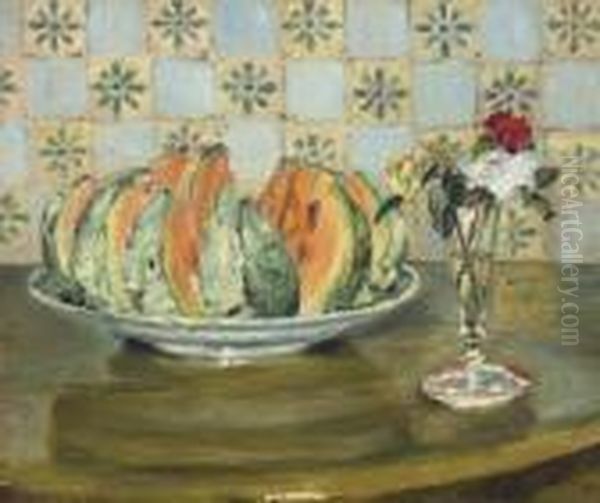 Nature Morte Au Melon Et Au Vase De Fleurs Oil Painting by Pierre Auguste Renoir