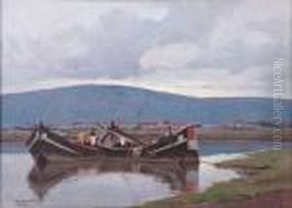 Barche Nel Canale Oil Painting by Renuccio Renucci