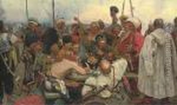 Zapoprozgii Cossacks Writing A Mocking Letter To The Turkish Sultan Oil Painting by Repin Iliya
