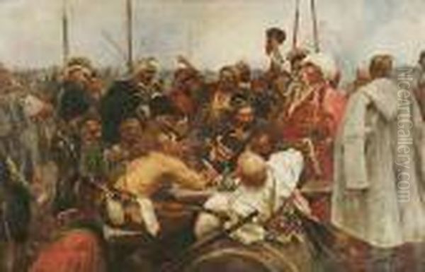 Zaporozcy Piszacy List Do Sultana Tureckiego, Kopia Oil Painting by Repin Iliya
