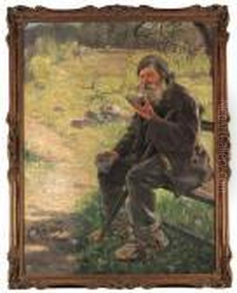 Portrait Of A Bearded Woodsman Drinking Tea Oil Painting by Repin Iliya