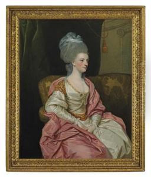 Portrait Of Mrs. Thomas Edwards 
Freeman (1758-1782), Three-quarter-length, In A White Satin Gown With A 
Pink Wrap, Seated On A Sofa In An Interior Oil Painting by Sir Joshua Reynolds