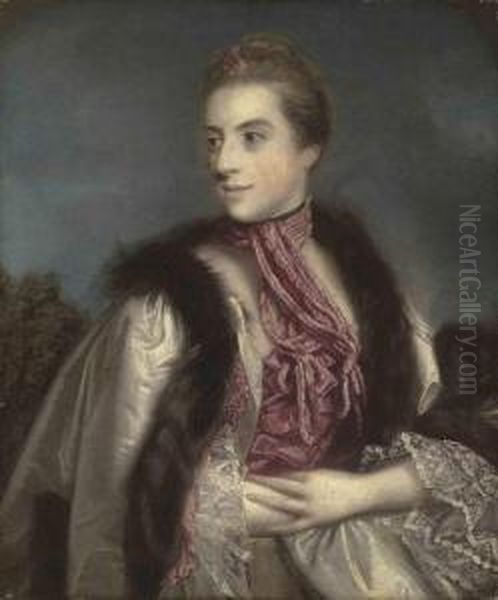 Portrait Of Elizabeth Drax, 
Countess Of Berkeley ,half-length, In A Fur-lined Gown And A Pink Scarf,
 A Flower In Herhair, A Landscape Beyond Oil Painting by Sir Joshua Reynolds