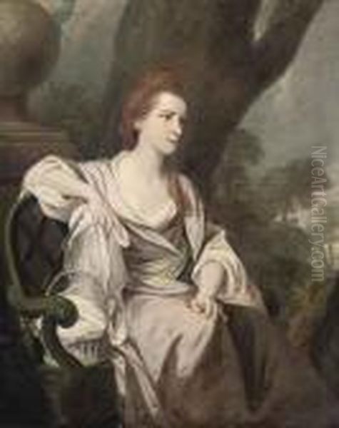 Portrait Of A Lady, 
Traditionally Identified As Elizabeth Osborne,countess Of Carysfort (d. 
1783), Three-quarter-length, Seated In Apink Dress, In A Landscape Oil Painting by Sir Joshua Reynolds