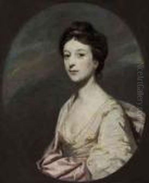 Portrait Of Miss Taylor, 
Daughter Of Archdeacon John Taylor,half-length, In A White Dress With A 
Pink Shawl, In A Feignedoval Oil Painting by Sir Joshua Reynolds