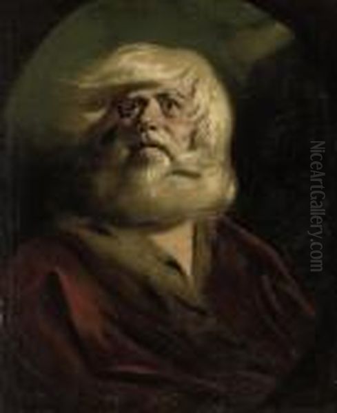 King Lear Against A Stormy Sky, 
In A Crimson Mantle Trimmed With Ermine, In A Feigned Oval Oil Painting by Sir Joshua Reynolds