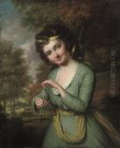 Portrait Of A Young Girl, 
Three-quarter-length, In A Blue Dress And Yellow Sash, Playing The 
Triangle, In A Landscape Oil Painting by Sir Joshua Reynolds