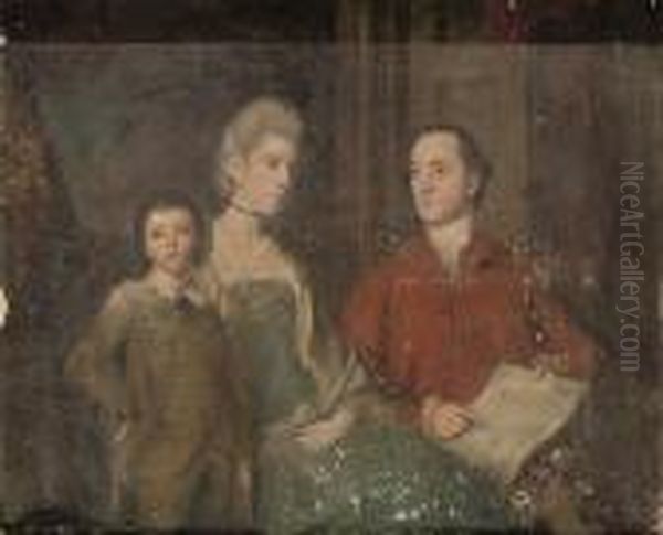 Portrait Of Lady Caroline 
Brydges With Her Husband James Leigh, Andtheir Son James Henry Leigh, 
Three-quarter-length, In Aninterior Oil Painting by Sir Joshua Reynolds