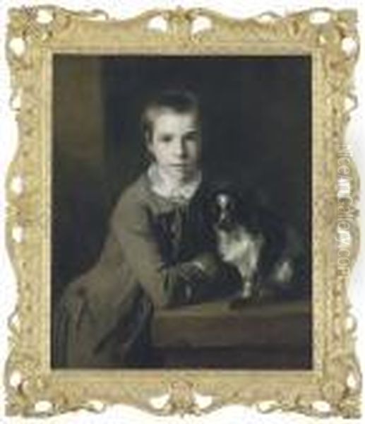 Portrait Of William Charles 
Colyear, Viscount Milsington, Later 3rdearl Of Portmore (1747-1823), 
When A Boy, Half-length, In A Greycoat, Leaning On A Table, With A 
Spaniel Oil Painting by Sir Joshua Reynolds