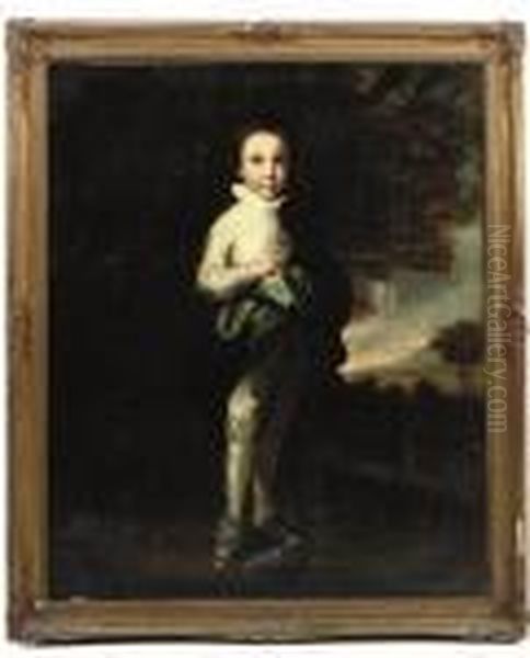Portrait Of Jacob 
Pleydell-bouverie, 2nd Earl Of Radnor (1750-1828), As A Young Boy, 
Standing Full-length, In A White Satin Suit And A Blue Wrap, In A 
Landscape Oil Painting by Sir Joshua Reynolds