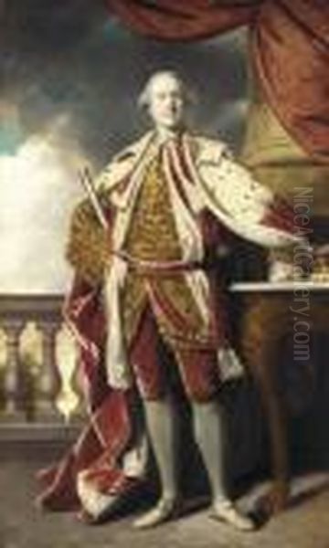 Portrait Of James Hay 
(1726-1778), 15th Earl Of Erroll, Full-length, In Coronation Robes, 
Holding The Baton Of The Lord High Constable Of Scotland, A Tree And A 
Balustrade Beyond Oil Painting by Sir Joshua Reynolds