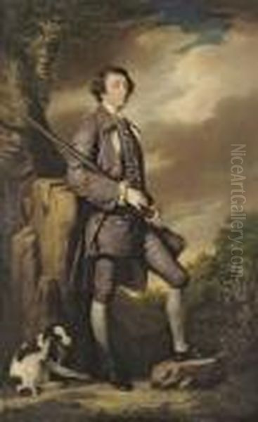 Portrait Of Philip Gell 
(1723-1795), Full-length, In A Purple Embroidered French Frock Suit, 
Holding A Gun, A Spaniel At His Feet, In A Landscape Oil Painting by Sir Joshua Reynolds