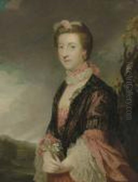 Portrait Of Mary, Countess Of 
Courtown, Lady Of The Bedchamber To Queen Charlotte, Half-length, With A
 Black Lace Shawl, Holding A Spray Of Carnations, A Landscape Beyond Oil Painting by Sir Joshua Reynolds
