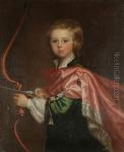 A Portrait Of A Young Boy, 
Three-quarter-length, In A Green Coat With A Salmon-pink Wrap, Holding A
 Bow And Arrow Oil Painting by Sir Joshua Reynolds