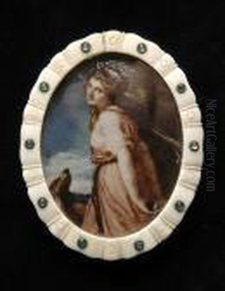 A Miniature Portrait Of Lady 
Hamilton In Flowing Pink Dress With Pink Ribbons In Her Long Flowing 
Dark Hair, Against A Sky Background Oil Painting by Sir Joshua Reynolds