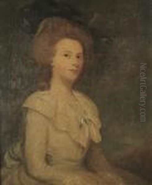 Portrait Of A Lady, Said To Be 
Miss Strachan, Half-length, In A White Dress With A Blue Ribbon And A 
Dark Blue Hat Oil Painting by Sir Joshua Reynolds