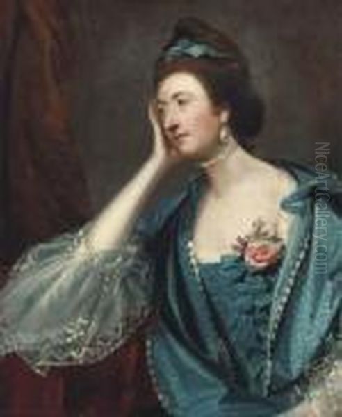 Portrait Of A Lady, Said To Be 
Miss Jane Ashton, Half-length, In Ablue Dress With White Lace Cuffs Oil Painting by Sir Joshua Reynolds