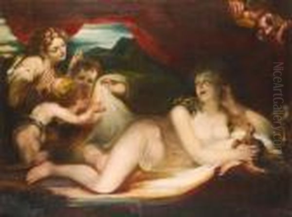 The Reclining Venus With A Maiden And Putti In Attendance, A Satyr Looking On Oil Painting by Sir Joshua Reynolds