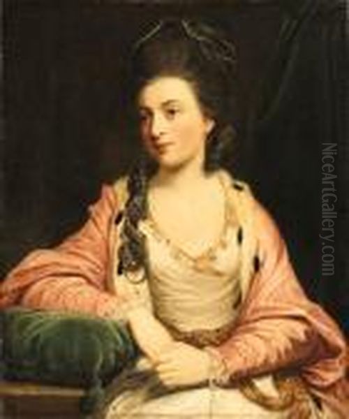 Portrait Of A Lady, Said To Be 
Marchesa Castiglione, Seatedthree-quarter Length, Wearing A White Dress 
With An Ermine-linedpink Robe Oil Painting by Sir Joshua Reynolds