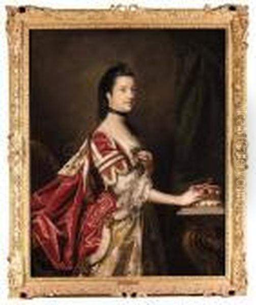 Portrait Of Elizabeth, Duchess 
Of Northumberland,three-quarter-length, In Coronation Robes, Her Right 
Hand Restingon Her Coronet, By A Draped Curtain Oil Painting by Sir Joshua Reynolds
