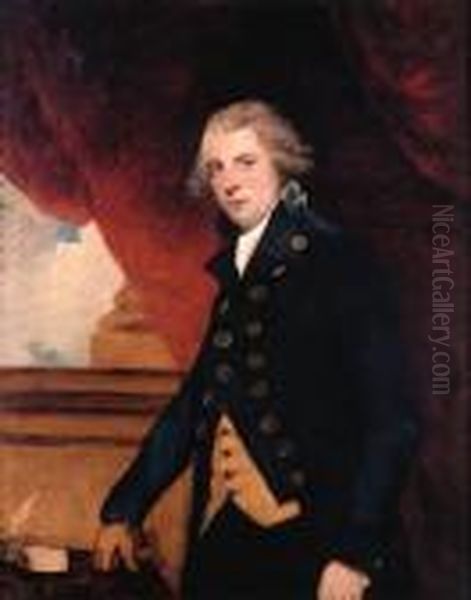 Portrait Of Richard Brinsley 
Sheridan, Three-quarter-length, In Ablue Coat And Yellow Waistcoat, 
Against A Red Curtain Oil Painting by Sir Joshua Reynolds