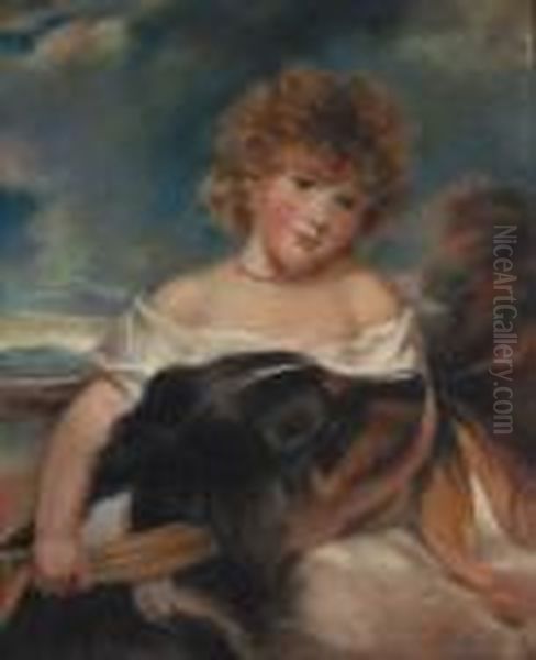 A Portrait Of The Honourable 
Leicester Fitzroy Stanhope, Seated,half-length Holding A Dog Oil Painting by Sir Joshua Reynolds