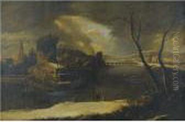 An Extensive Winter Landscape 
With A Frozen River, A Town In Theright Distance, Workers Repairing A 
Watermill And Travellers Alonga Path In The Foreground Oil Painting by Marco Ricci