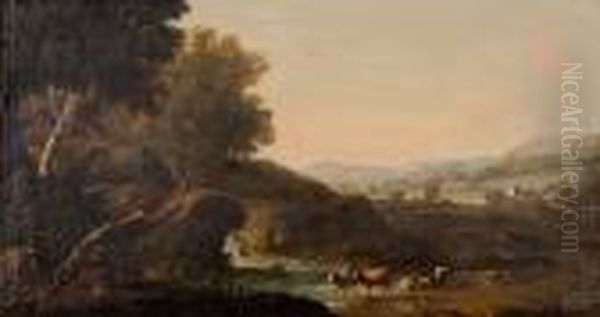 Ideallandschaft Mit Holzfaller, Wasserfall Und Vieh Vor
Angrenzendem Gehoft Oil Painting by Marco Ricci