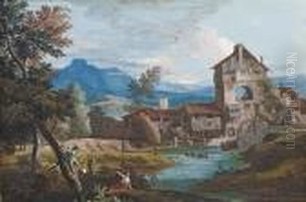A Watermill In An Extensive 
Mountainous Landscape, With Peasants Climbing Trees In The Foreground Oil Painting by Marco Ricci