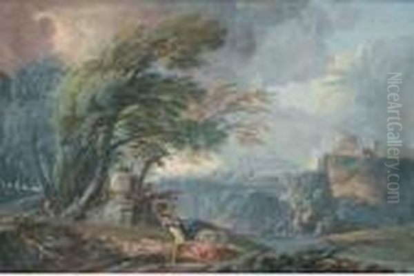 A) Paesaggio Con Viandanti, Case
 Rustiche E B) Paesaggio Con Viandanti Nella Campagna Colti Da Un 
Temporale Oil Painting by Marco Ricci