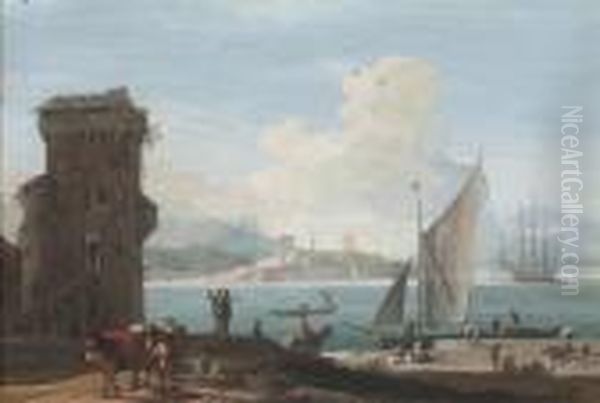 An Extensive View Of A Port With
 Sailors Unloading Cargo Onto Aquayside, A Peasant With Two Packhorses 
To The Left Oil Painting by Marco Ricci