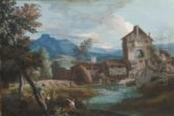 A Watermill In An Extensive 
Mountainous Landscape, With Peasantsclimbing Trees In The Foreground Oil Painting by Marco Ricci