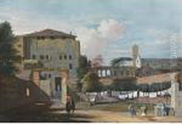 View Of An Italian Courtyard, 
With An Elegant Rider, And Women Hanging Washing By A Fountain Oil Painting by Marco Ricci