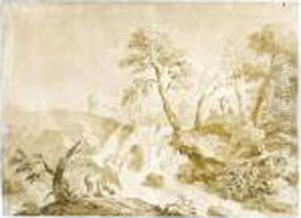 Landscape With A Waterfall 
Peasants On The Banks And Buildings In The 
Distance Oil Painting by Marco Ricci