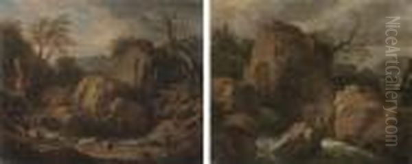 A Rocky Landscape With A 
Shepherd And His Flock By A Stream; And Arocky River Landscape With A 
Cottage In The Distance Oil Painting by Marco Ricci