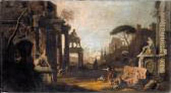 An Architectural Capriccio With 
Architectural Fragments, Statuary Including A Statue Of A Lion And An 
Equestrian Monument, Together With Figures Oil Painting by Marco Ricci