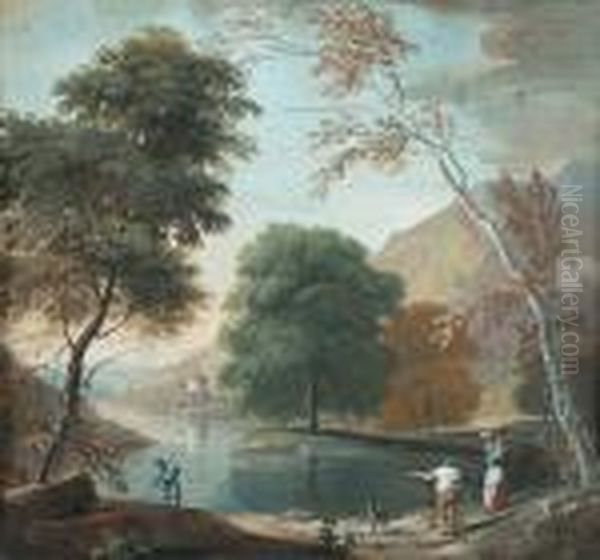 An Italianate Landscape With 
Figures Beside A Lake; And An Italianate Landscape With Travellers On A 
Path Oil Painting by Marco Ricci